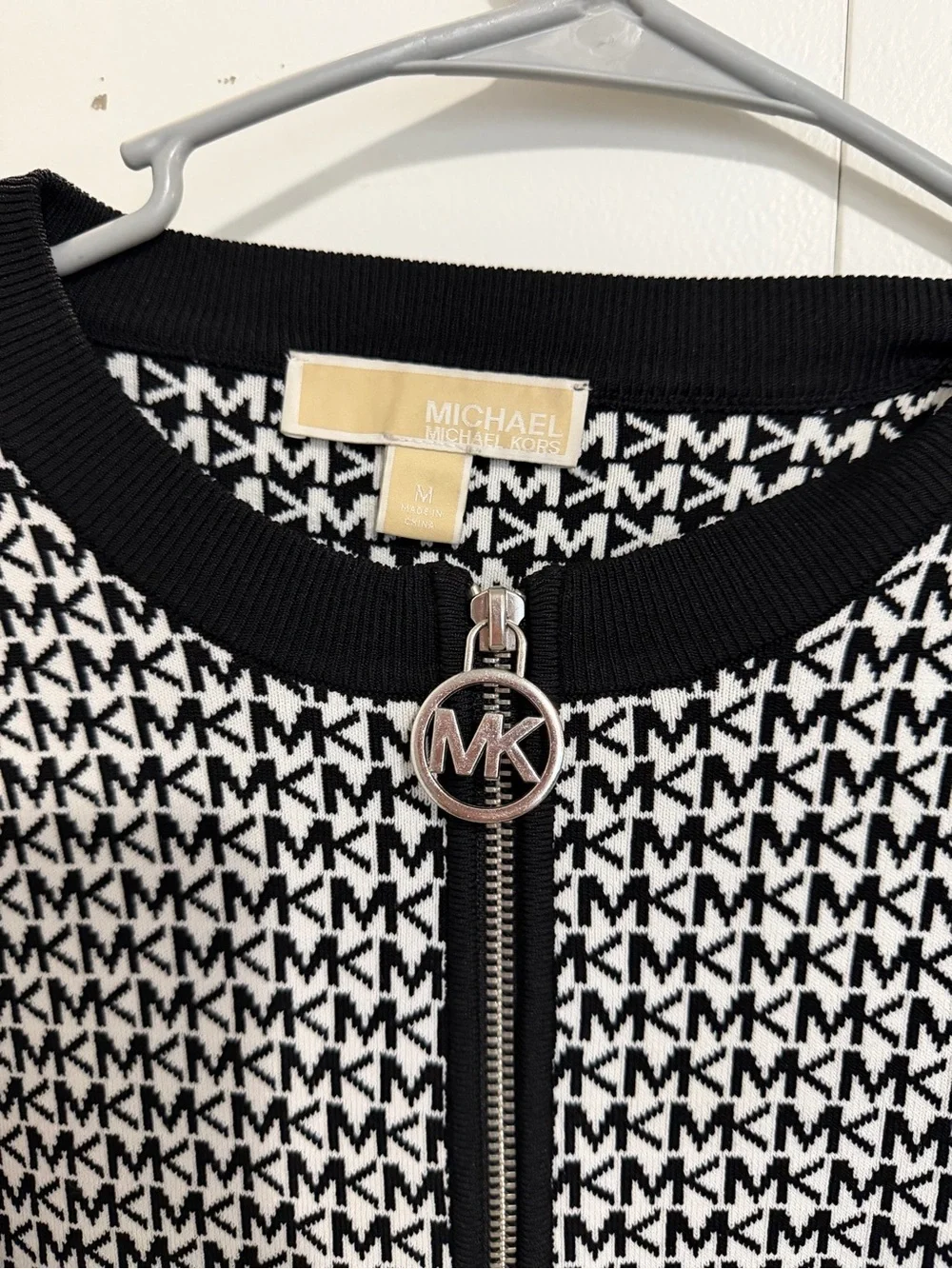 Michael Kors Black & White Logo Zip-Front Long Sleeve Dress